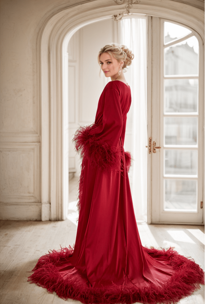 Luxury Thick Ostrich Feather Floor-Length Satin Robe with Train – Elegant Bridal Loungewear - Luzilly Bridal & Apparel