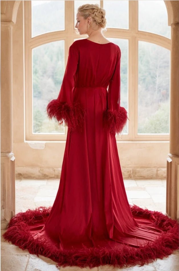 Luxury Thick Ostrich Feather Floor-Length Satin Robe with Train – Elegant Bridal Loungewear - Luzilly Bridal & Apparel
