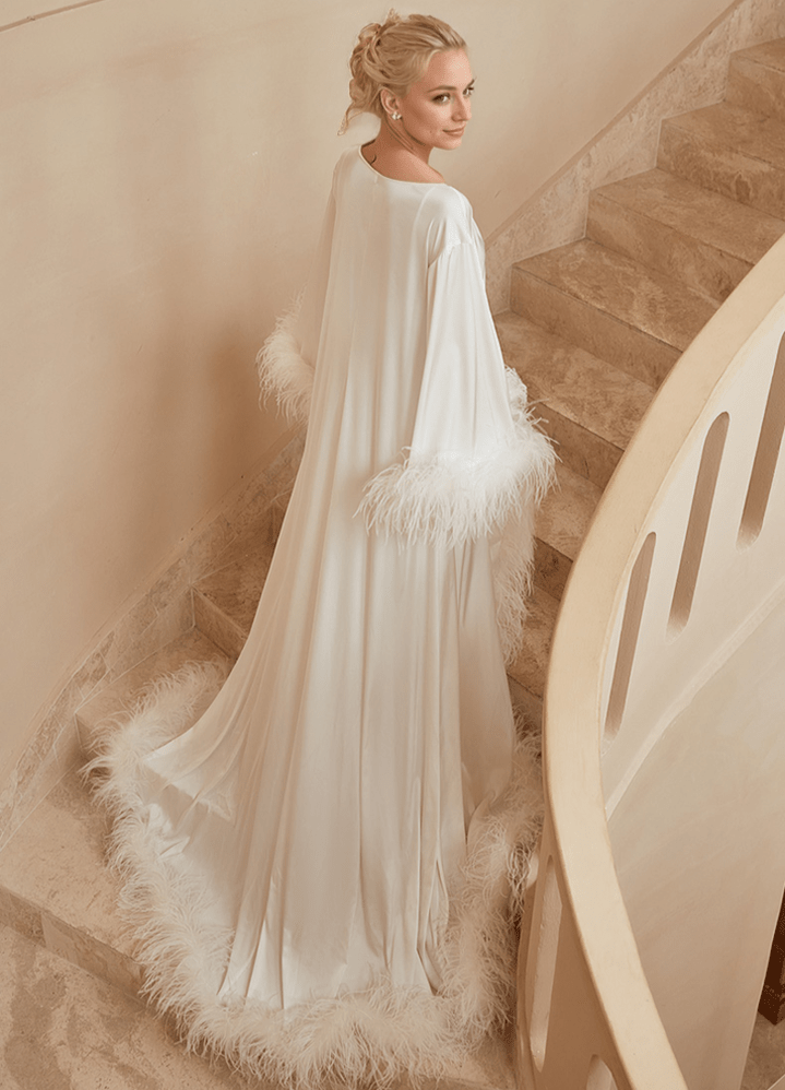 Luxury Thick Ostrich Feather Floor-Length Satin Robe with Train – Elegant Bridal Loungewear - Luzilly Bridal & Apparel