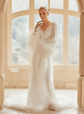 Luxury Thick Ostrich Feather Floor-Length Satin Robe with Train – Elegant Bridal Loungewear - Luzilly Bridal & Apparel
