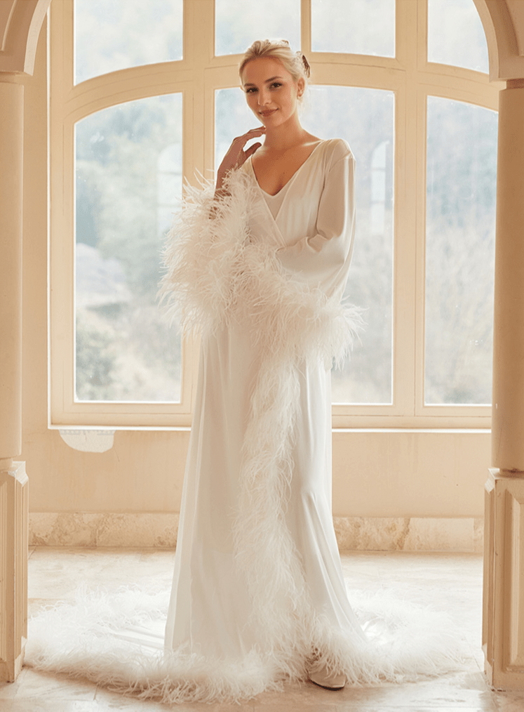 Luxury Thick Ostrich Feather Floor-Length Satin Robe with Train – Elegant Bridal Loungewear - Luzilly Bridal & Apparel