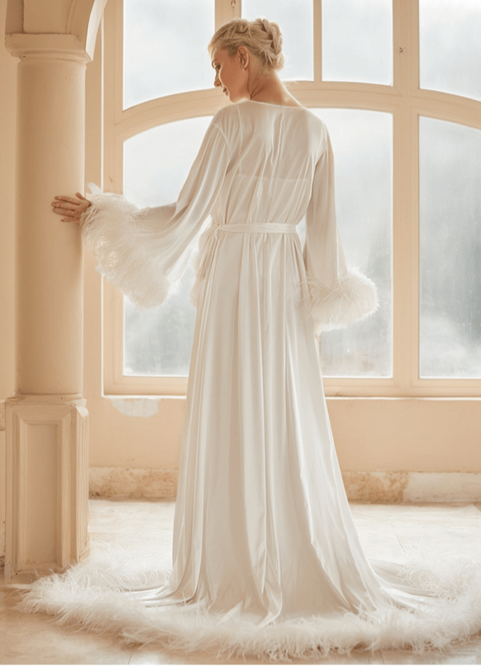 Luxury Thick Ostrich Feather Floor-Length Satin Robe with Train – Elegant Bridal Loungewear - Luzilly Bridal & Apparel