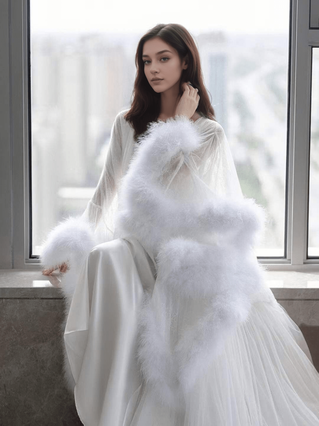 Luxury thick turkey feather fringe long bridal robe set with night gown - Luzilly Bridal & Apparel