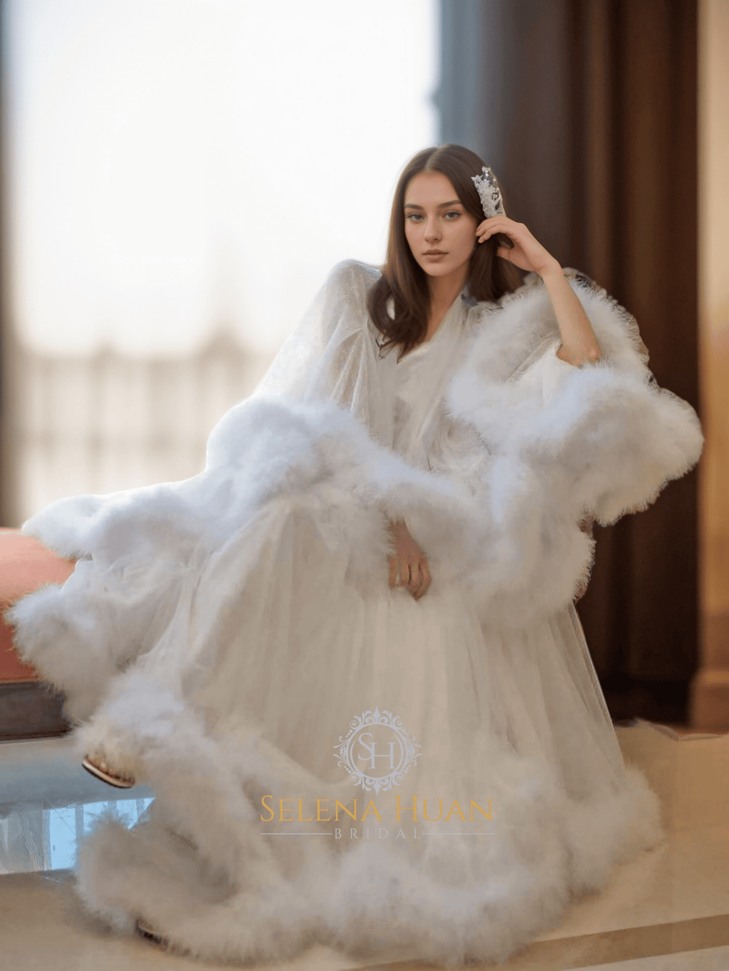 Luxury thick turkey feather fringe long bridal robe set with night gown - Luzilly Bridal & Apparel