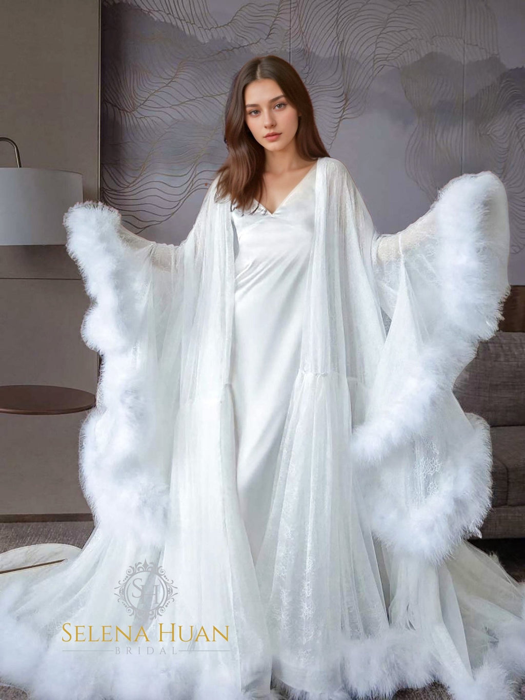 Luxury thick turkey feather fringe long bridal robe set with night gown - Luzilly Bridal & Apparel