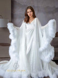 Luxury thick turkey feather fringe long bridal robe set with night gown - Luzilly Bridal & Apparel
