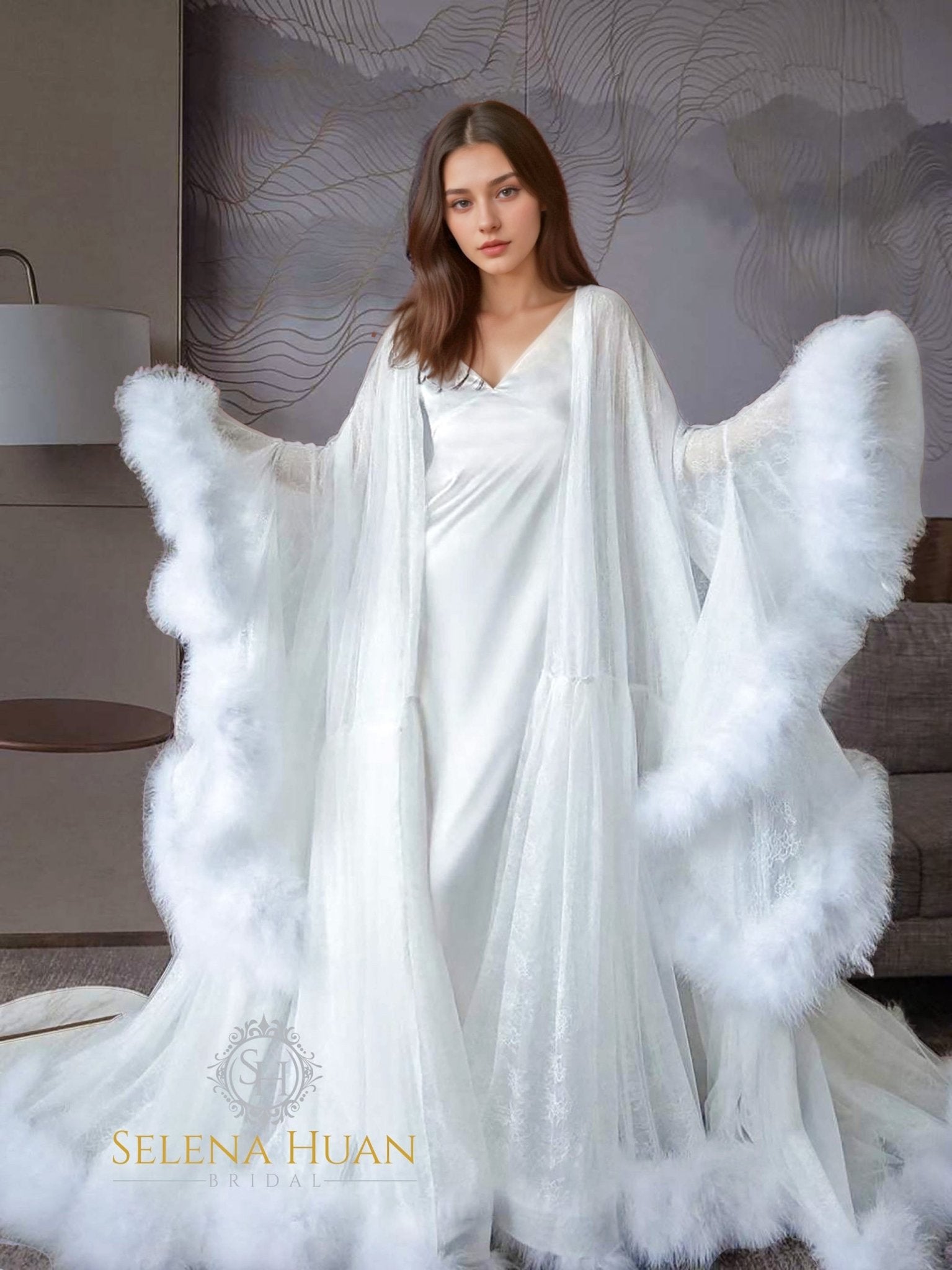 Luxury thick turkey feather fringe long bridal robe set with night gown - Luzilly Bridal & Apparel