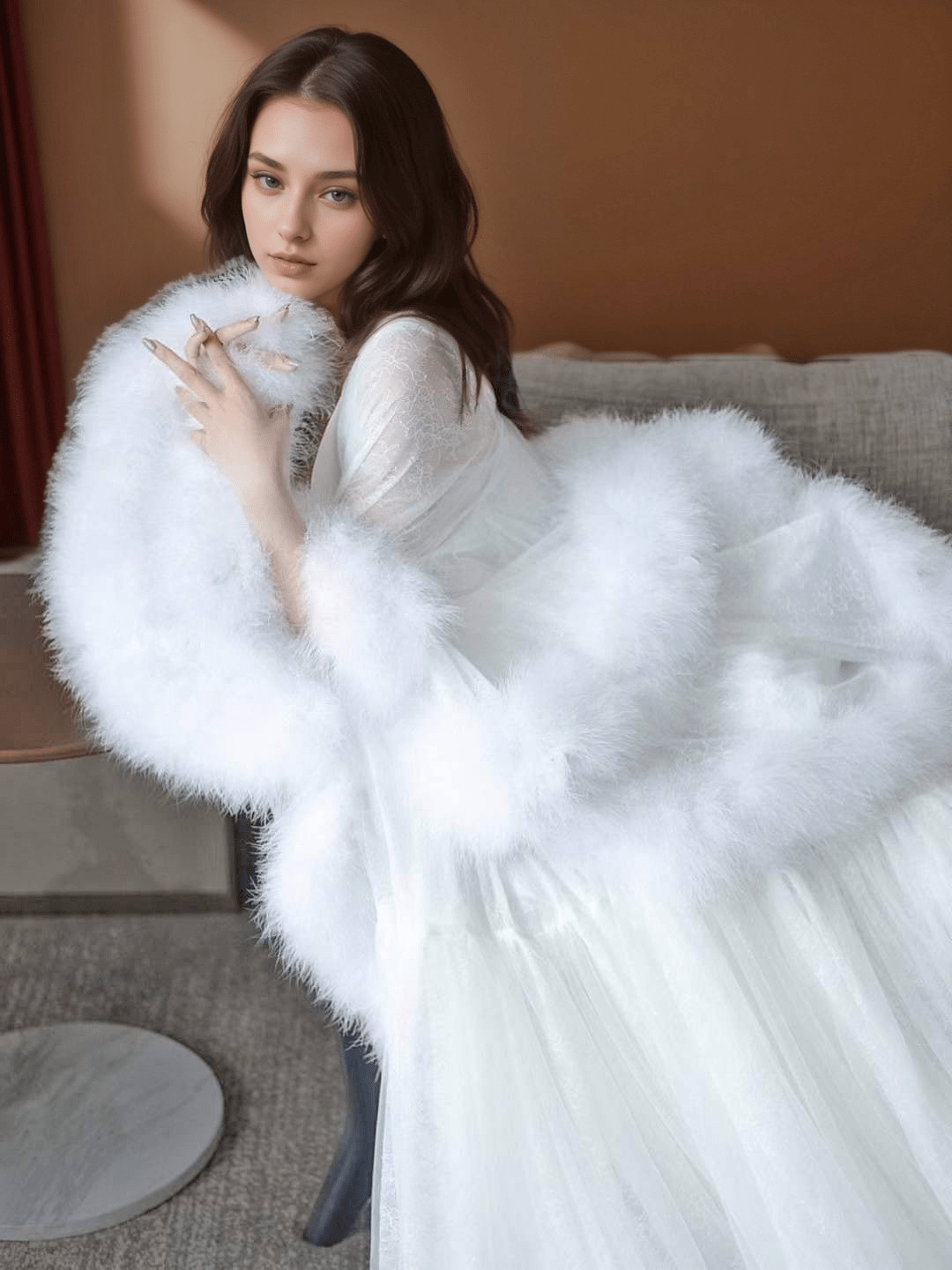 Luxury thick turkey feather fringe long bridal robe set with night gown - Luzilly Bridal & Apparel