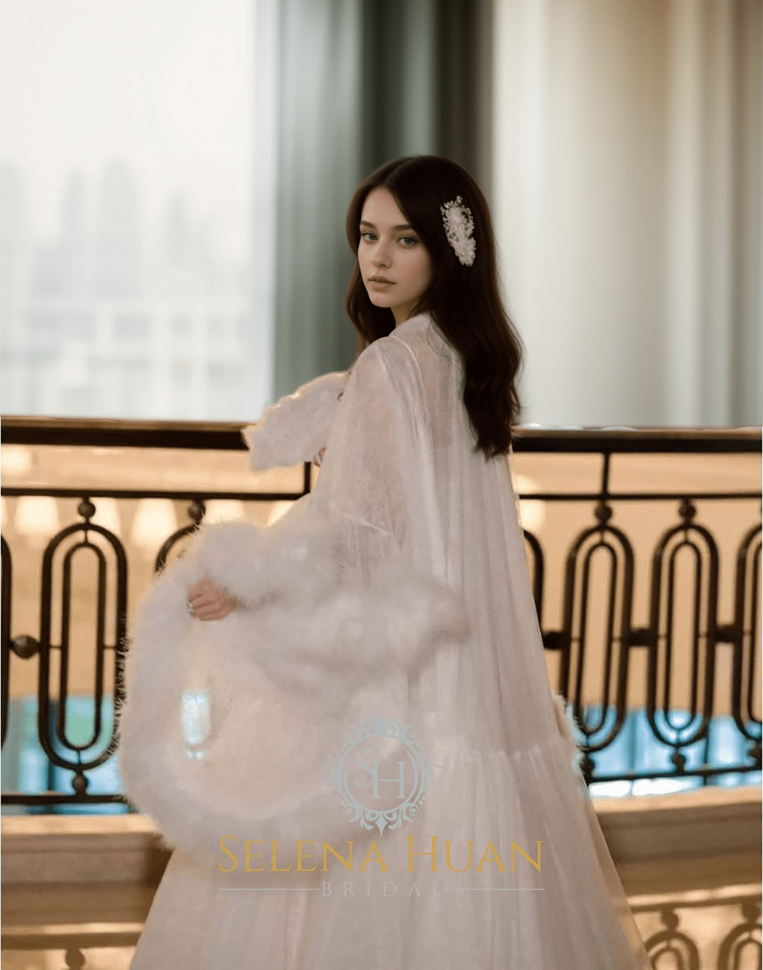 Luxury thick turkey feather fringe long bridal robe set with night gown - Luzilly Bridal & Apparel
