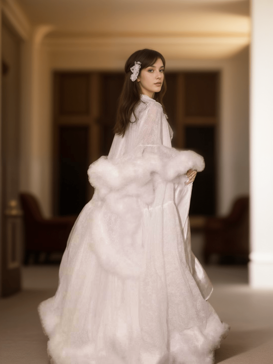 Luxury thick turkey feather fringe long bridal robe set with night gown - Luzilly Bridal & Apparel