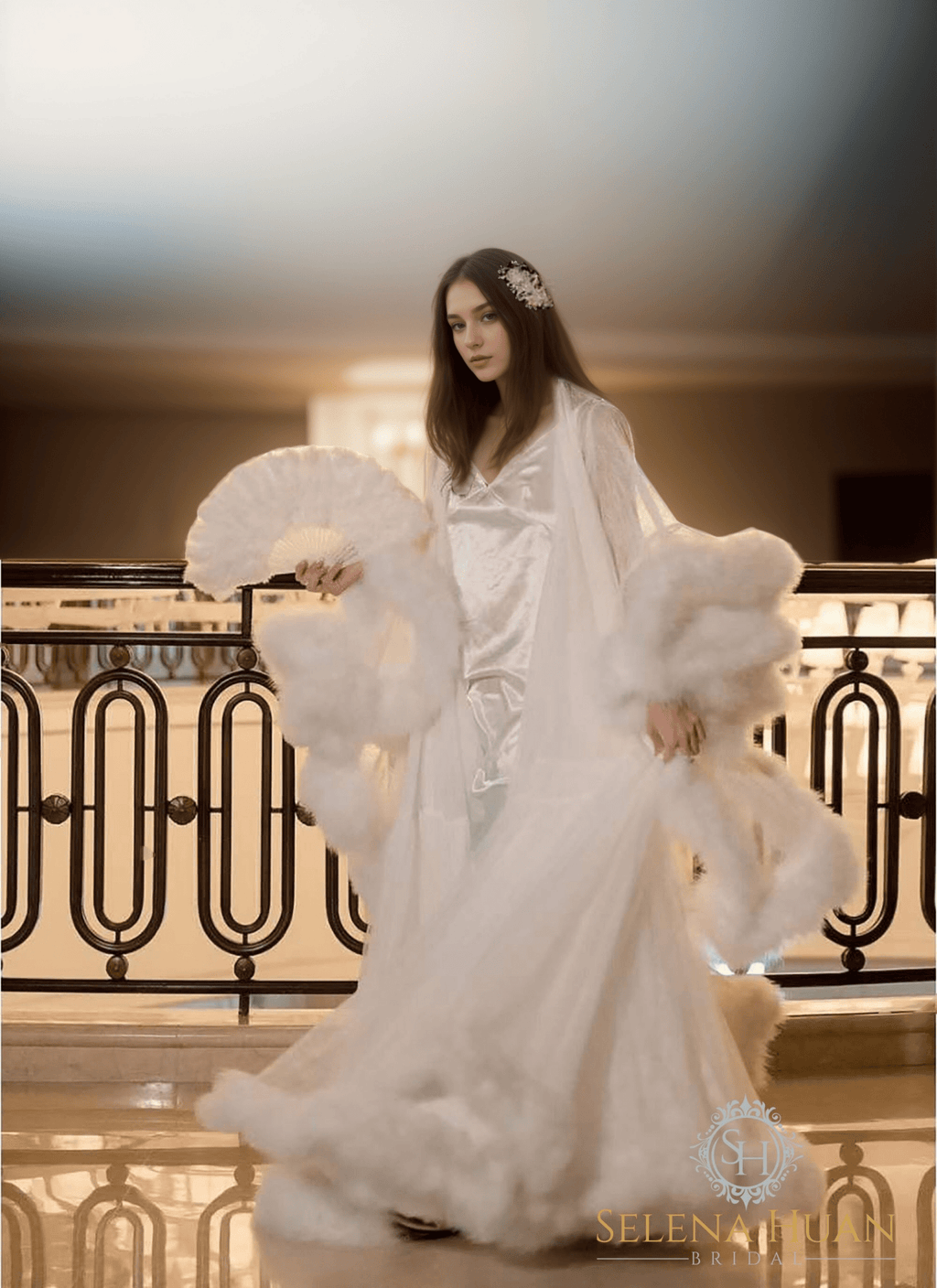 Luxury thick turkey feather fringe long bridal robe set with night gown - Luzilly Bridal & Apparel