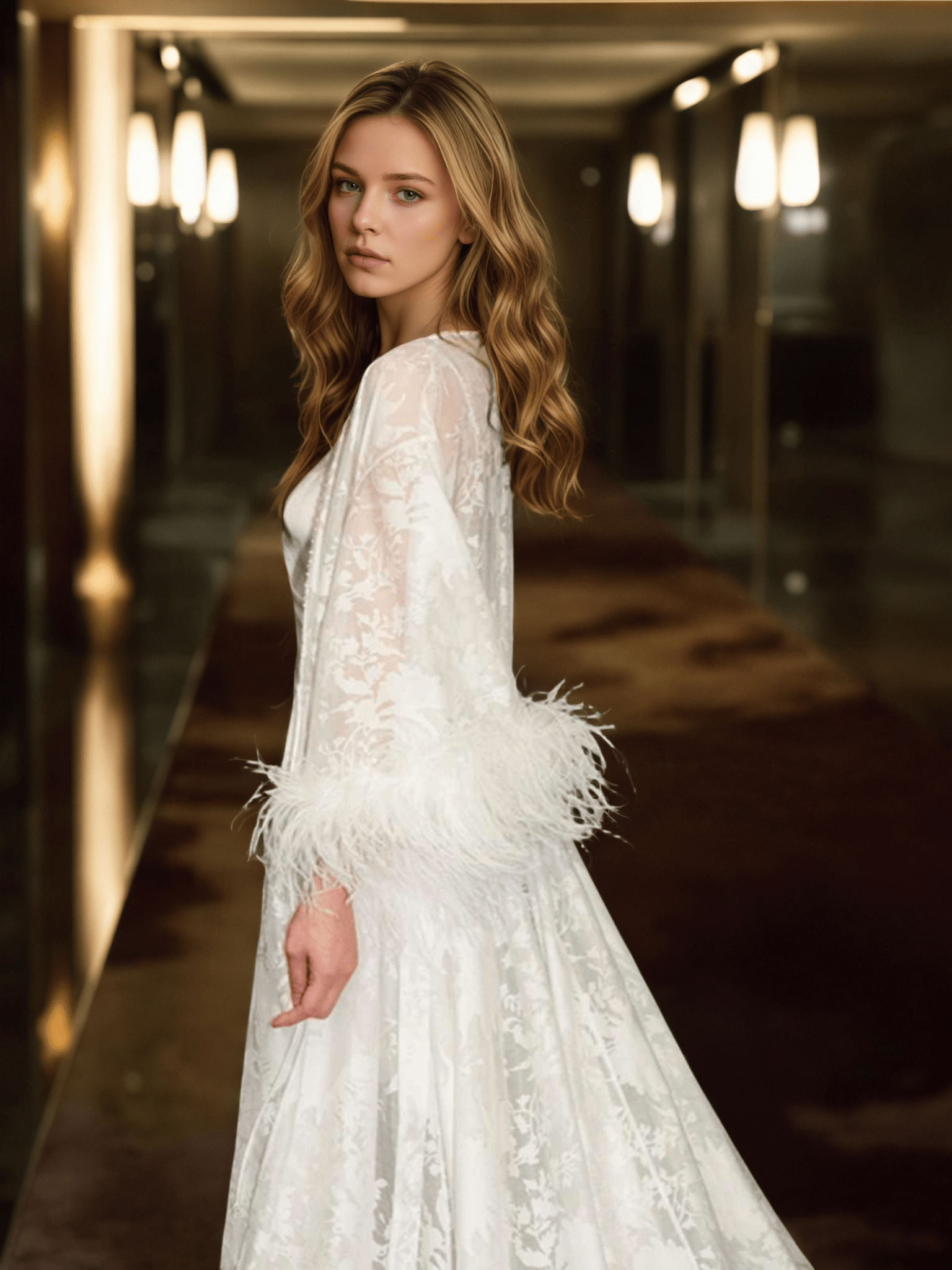 Luxury White Feather Trim Lace Long Robe Dress Set | Bridal Getting Ready & Photoshoot Gown - Luzilly Bridal & Apparel