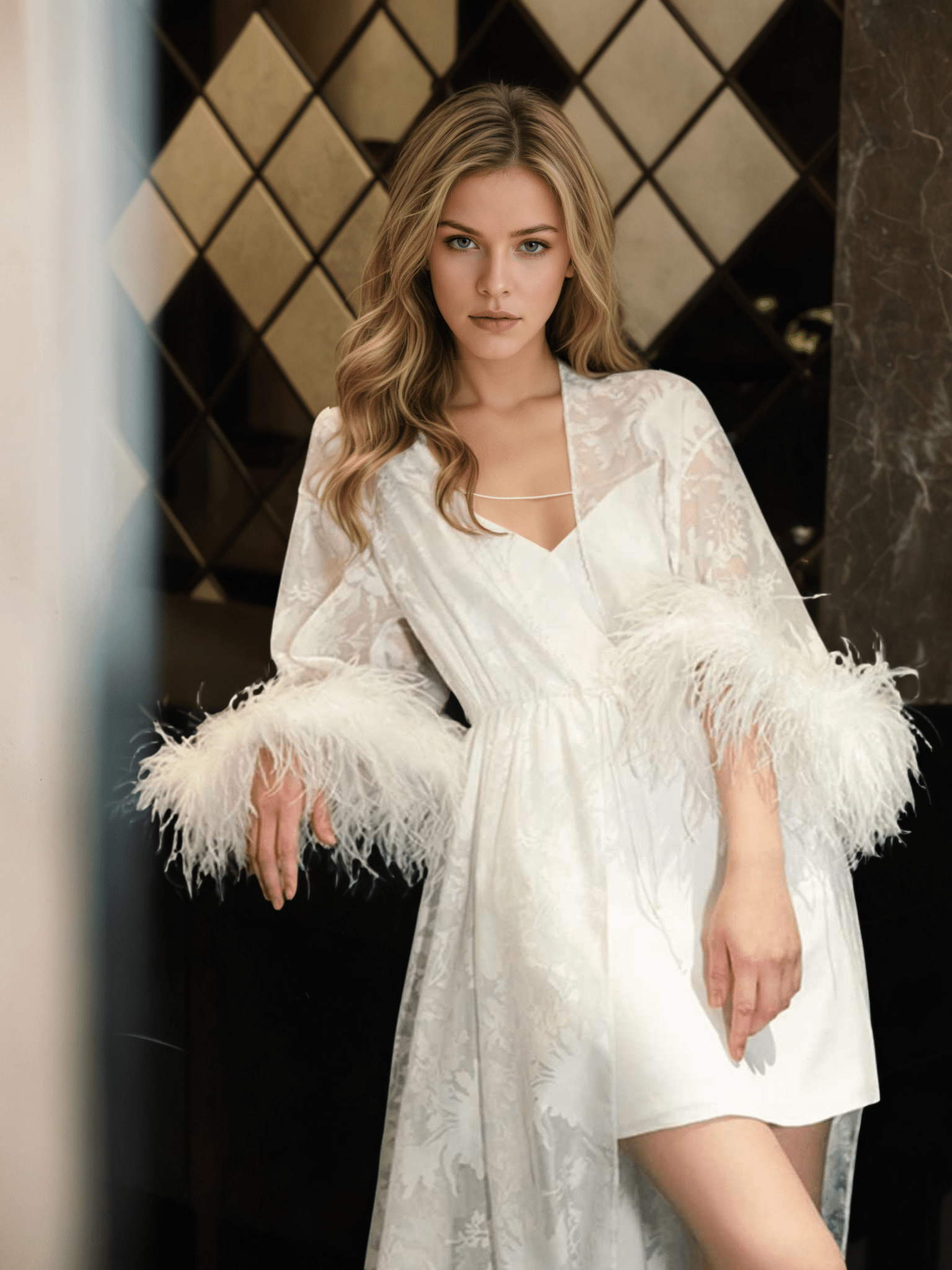 Luxury White Feather Trim Lace Long Robe Dress Set | Bridal Getting Ready & Photoshoot Gown - Luzilly Bridal & Apparel