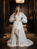 Luxury White Feather Trim Lace Long Robe Dress Set | Bridal Getting Ready & Photoshoot Gown - Luzilly Bridal & Apparel
