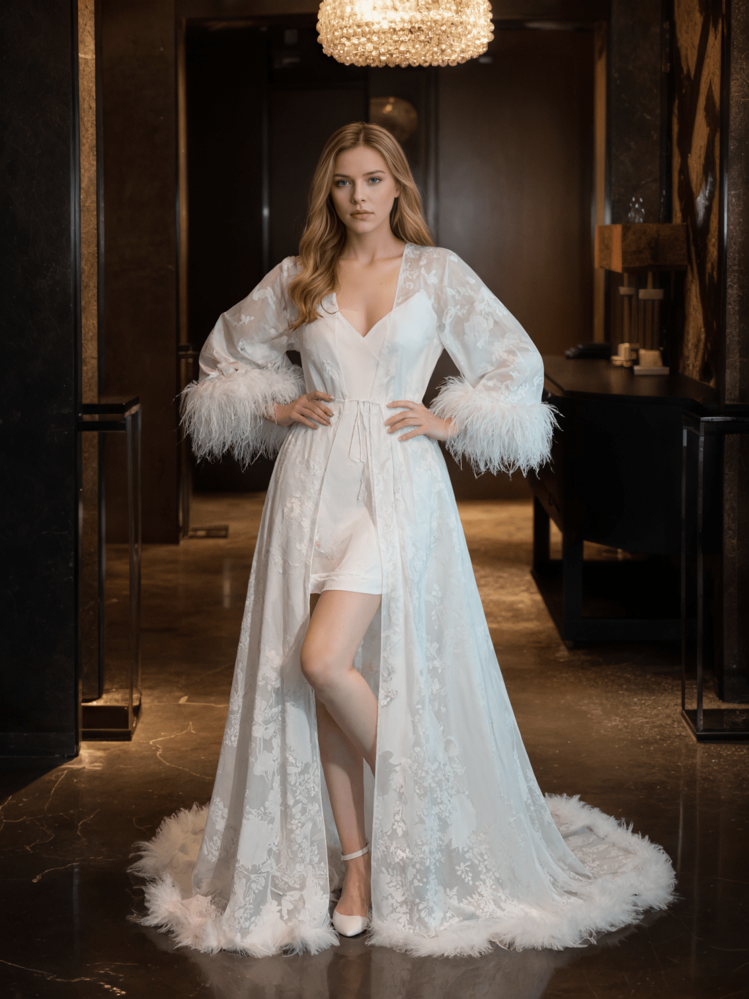 Luxury White Feather Trim Lace Long Robe Dress Set | Bridal Getting Ready & Photoshoot Gown - Luzilly Bridal & Apparel