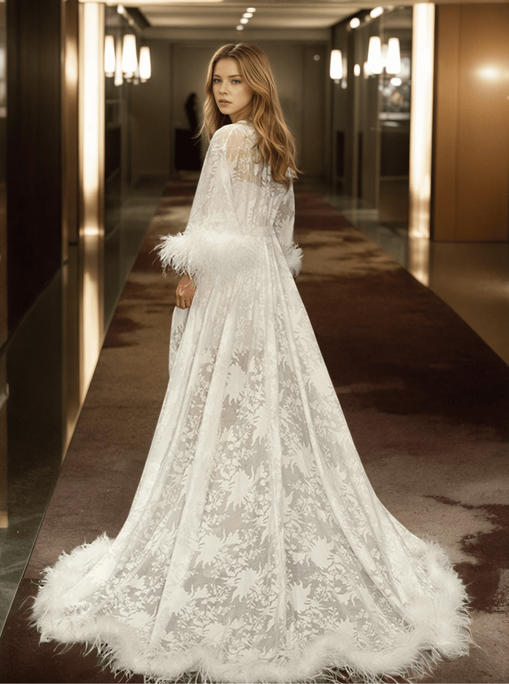 Luxury White Feather Trim Lace Long Robe Dress Set | Bridal Getting Ready & Photoshoot Gown - Luzilly Bridal & Apparel