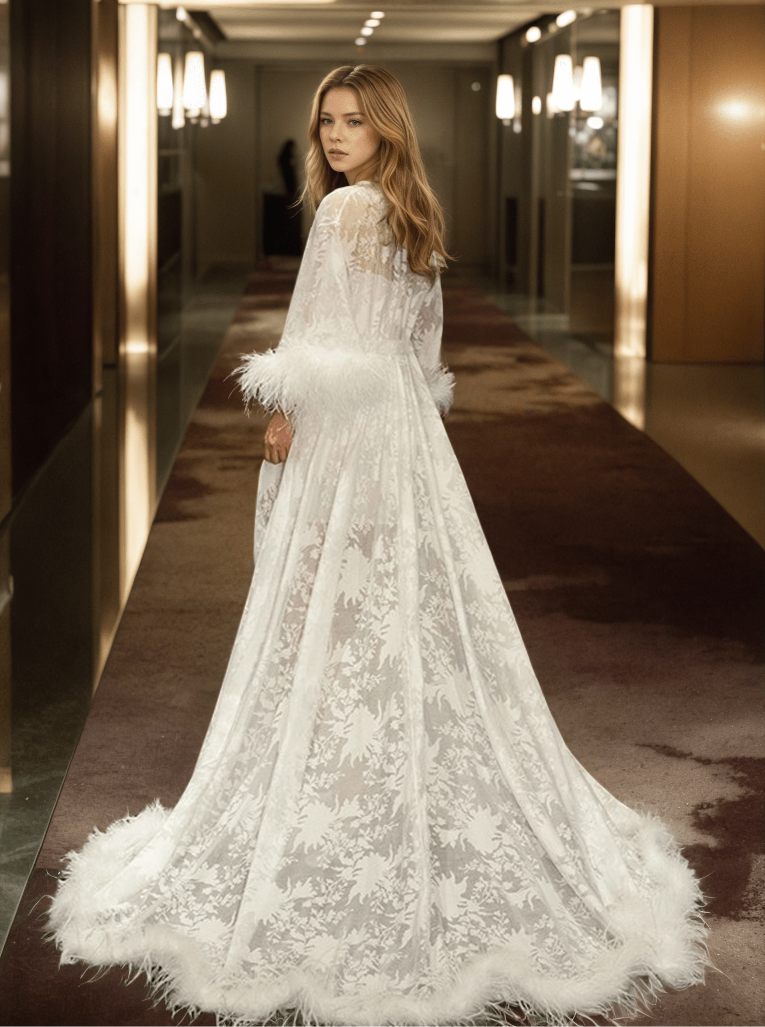 Luxury White Feather Trim Lace Long Robe Dress Set | Bridal Getting Ready & Photoshoot Gown - Luzilly Bridal & Apparel