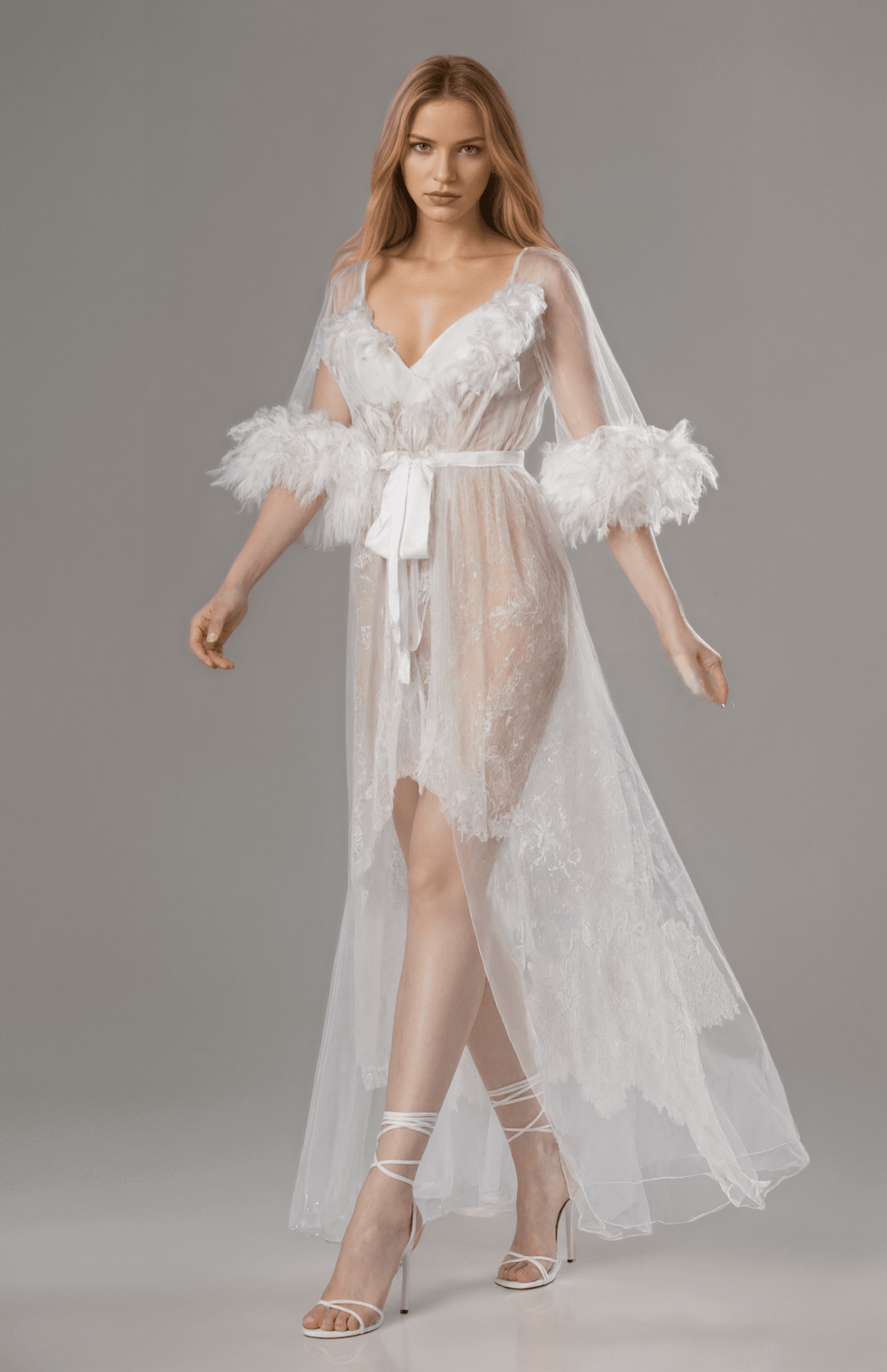 Luxury White Turkey Feather Lace Sheer Robe Dress Set | Bridal Getting Ready Gown - Luzilly Bridal & Apparel