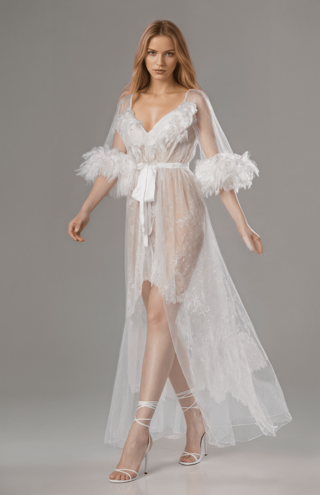 Luxury White Turkey Feather Lace Sheer Robe Dress Set | Bridal Getting Ready Gown - Luzilly Bridal & Apparel