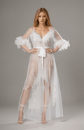 Luxury White Turkey Feather Lace Sheer Robe Dress Set | Bridal Getting Ready Gown - Luzilly Bridal & Apparel
