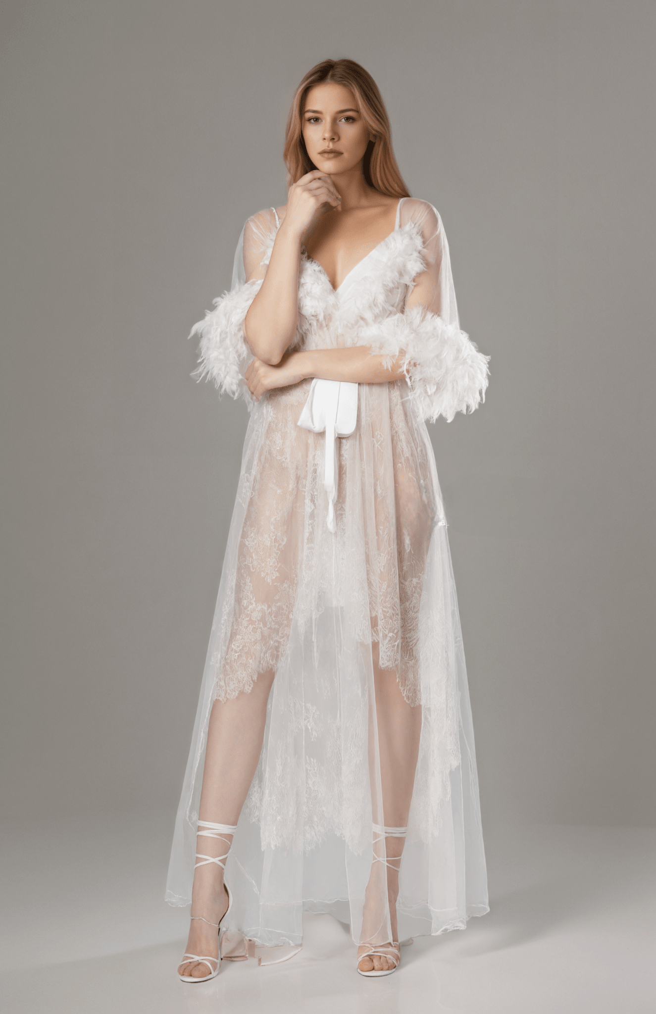 Luxury White Turkey Feather Lace Sheer Robe Dress Set | Bridal Getting Ready Gown - Luzilly Bridal & Apparel