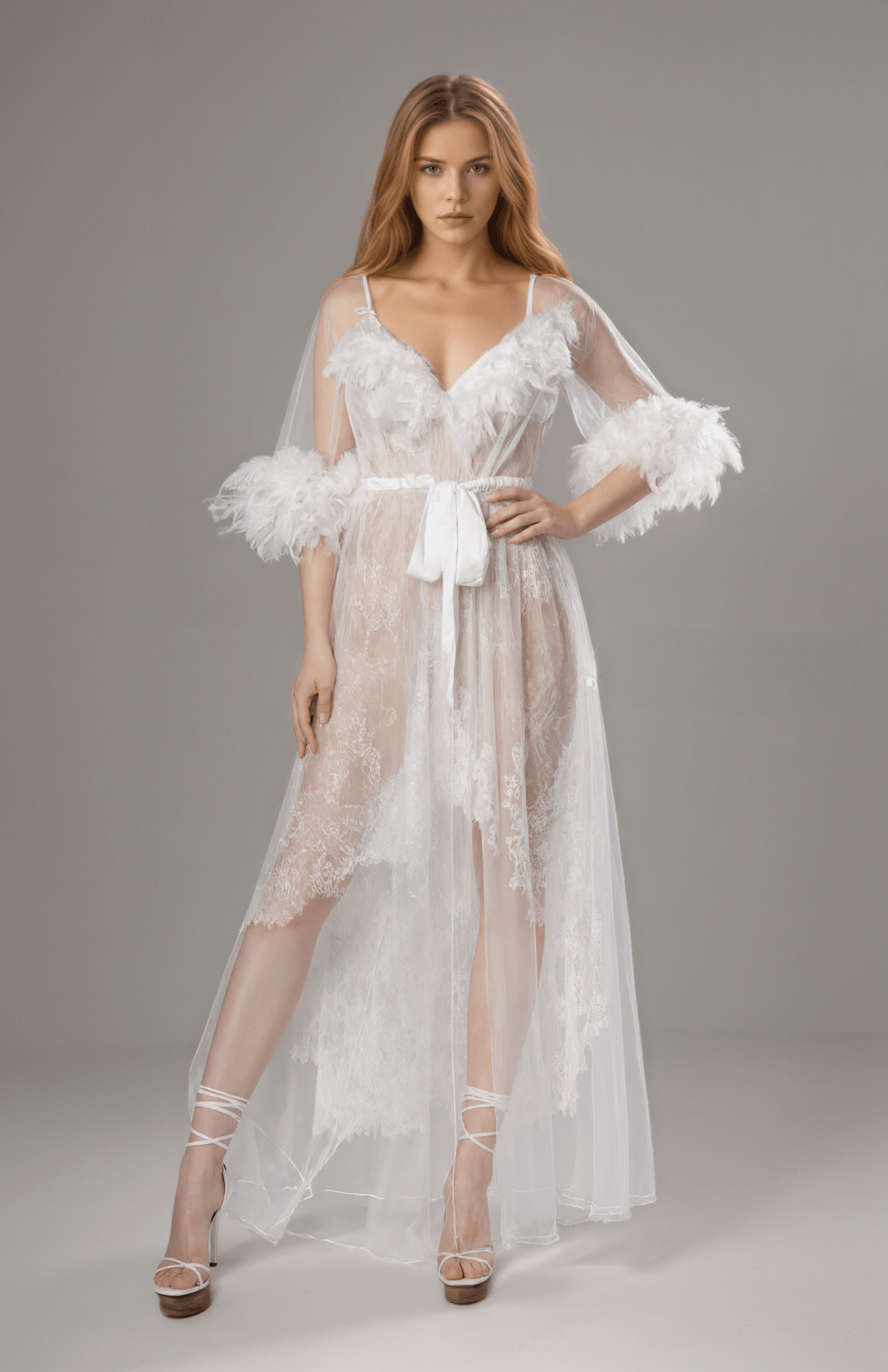 Luxury White Turkey Feather Lace Sheer Robe Dress Set | Bridal Getting Ready Gown - Luzilly Bridal & Apparel