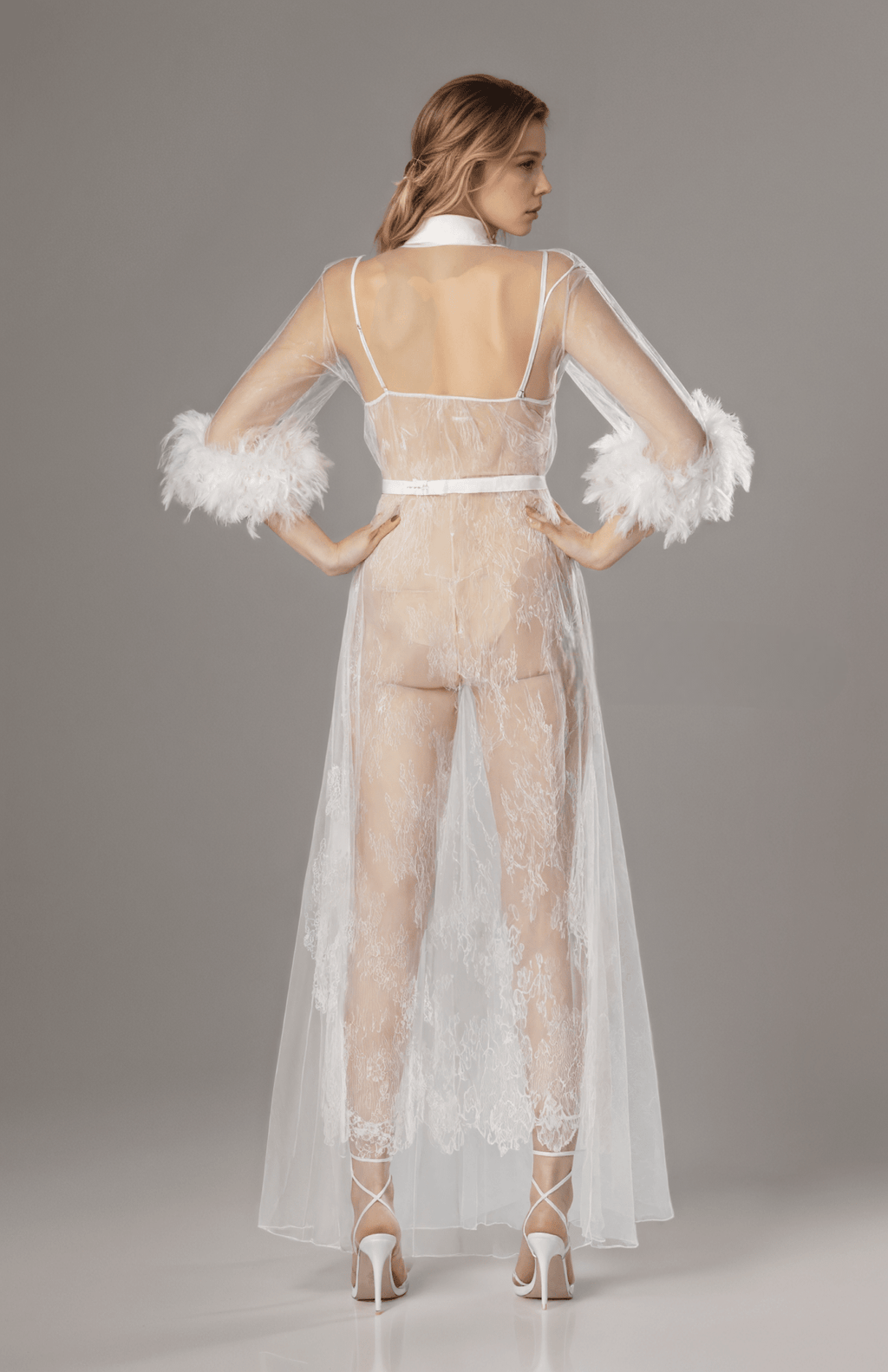 Luxury White Turkey Feather Lace Sheer Robe Dress Set | Bridal Getting Ready Gown - Luzilly Bridal & Apparel