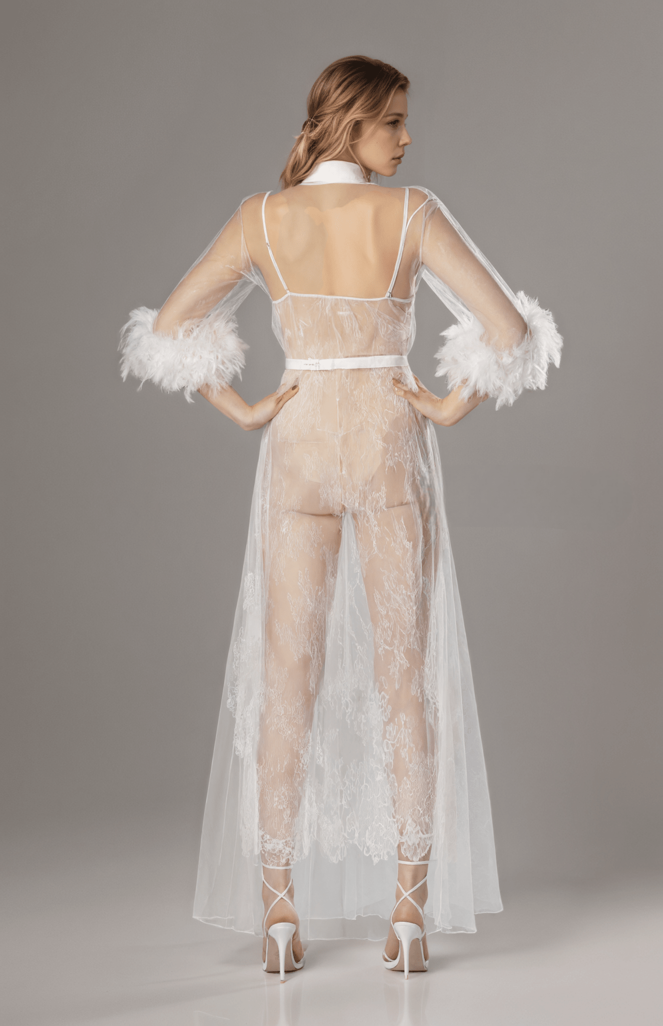 Luxury White Turkey Feather Lace Sheer Robe Dress Set | Bridal Getting Ready Gown - Luzilly Bridal & Apparel