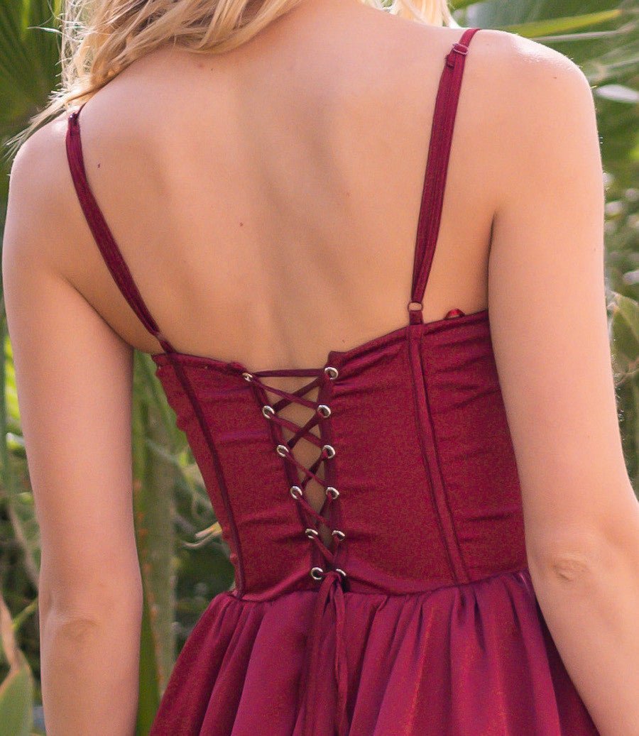 Maeve Corset Midi Dress - Burgundy Satin - Luzilly Bridal & Apparel