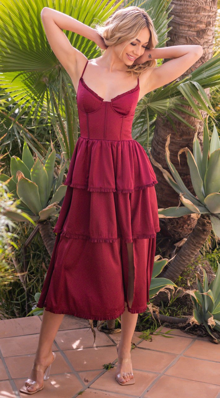 Maeve Corset Midi Dress - Burgundy Satin - Luzilly Bridal & Apparel
