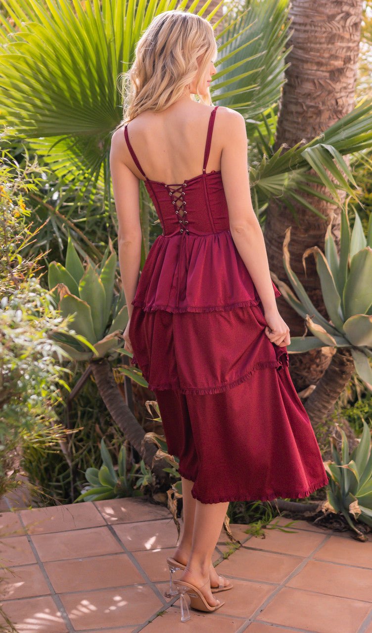 Maeve Corset Midi Dress - Burgundy Satin - Luzilly Bridal & Apparel