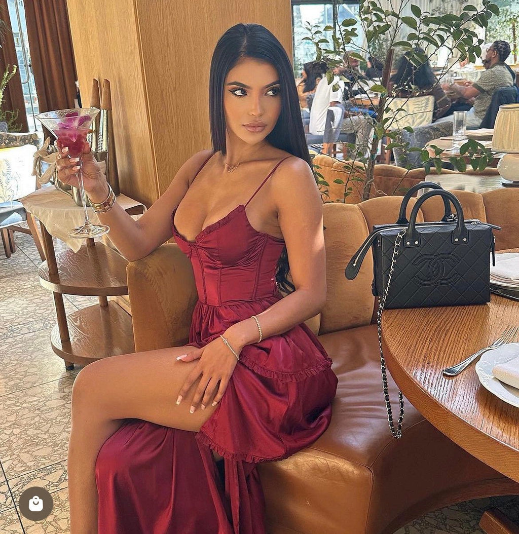 Maeve Corset Midi Dress - Burgundy Satin - Luzilly Bridal & Apparel