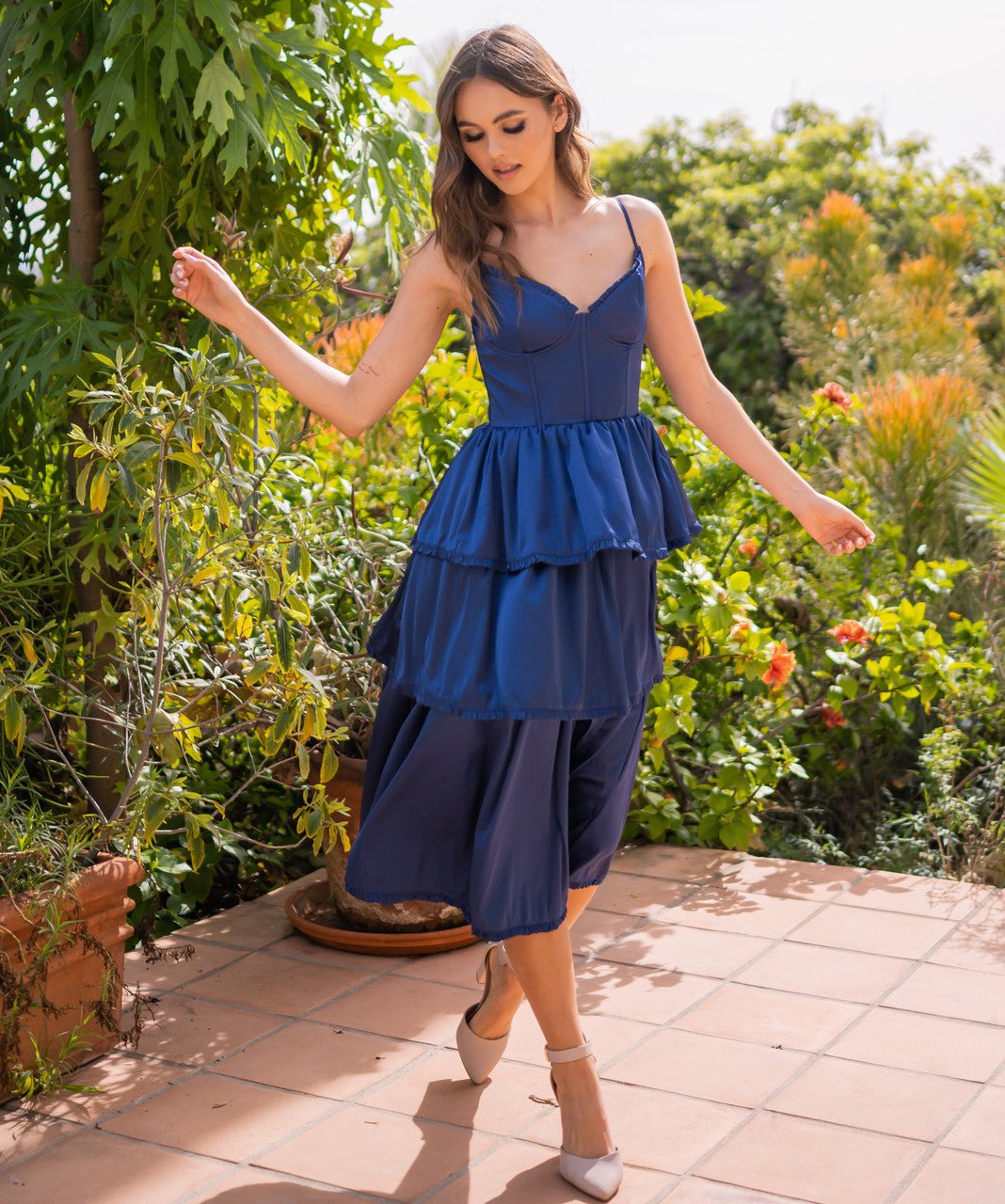 Maeve Corset Midi Dress - Navy Satin - Luzilly Bridal & Apparel
