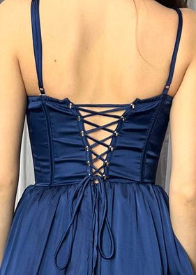 Maeve Corset Midi Dress - Navy Satin - Luzilly Bridal & Apparel