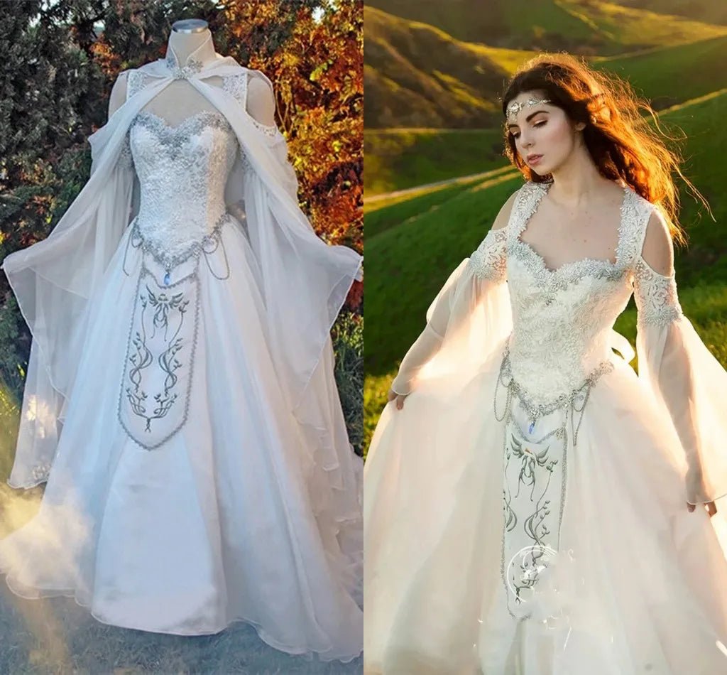 Medieval Wedding Dresses Elven Cape cloak Hood Fairy Long Sleeves embroidery Renaissance Fantasy Victorian Bride Gown customsize - Luzilly Bridal & Apparel