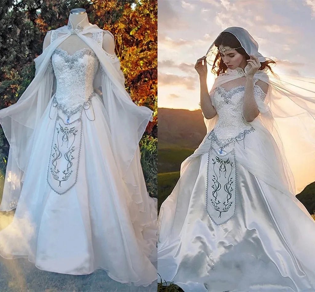 Medieval Wedding Dresses Elven Cape cloak Hood Fairy Long Sleeves embroidery Renaissance Fantasy Victorian Bride Gown customsize - Luzilly Bridal & Apparel