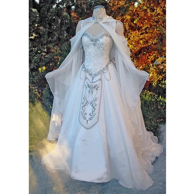 Medieval Wedding Dresses Elven Cape cloak Hood Fairy Long Sleeves embroidery Renaissance Fantasy Victorian Bride Gown customsize - Luzilly Bridal & Apparel