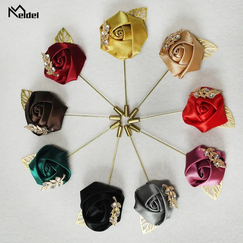 Meldel Groom Boutonniere Men Wedding Witness Brooch Silk Rose Boutonniere Man Corsage Pins Wedding Boutonniere Flower Prom Party - Luzilly Bridal & Apparel