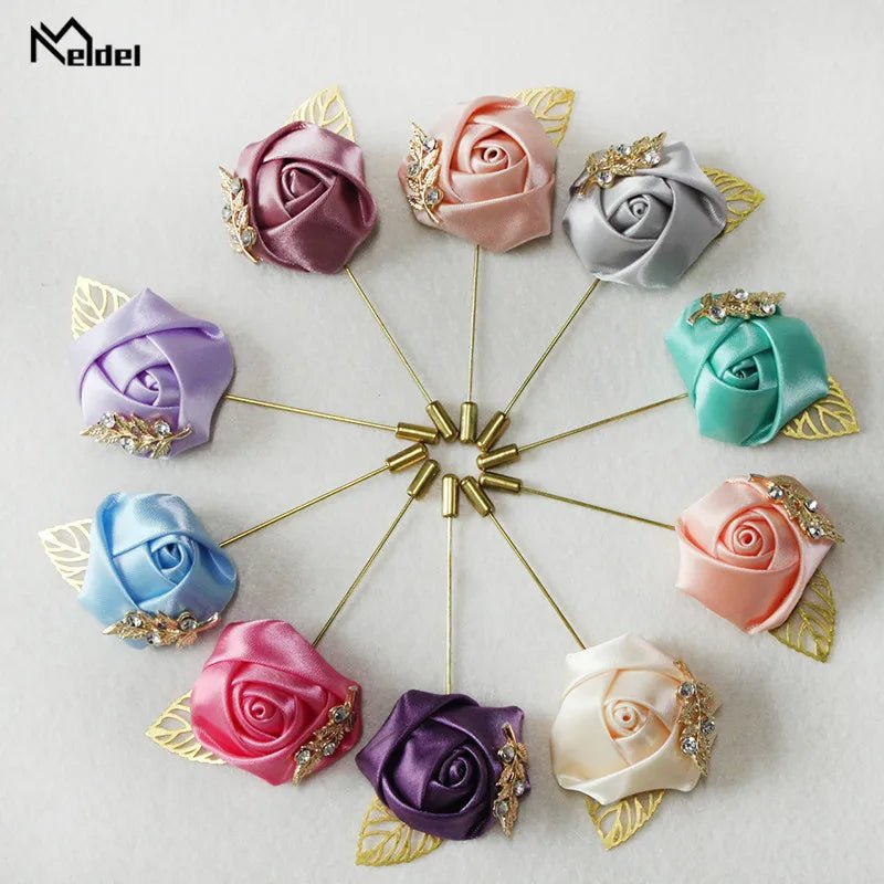 Meldel Groom Boutonniere Men Wedding Witness Brooch Silk Rose Boutonniere Man Corsage Pins Wedding Boutonniere Flower Prom Party - Luzilly Bridal & Apparel