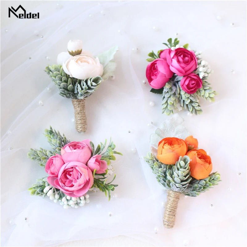 Meldel Rose Bud Wrist Corsage Hand Flower Man Boutonniere Artificial Tea Rose Silk Wrist Bracelet Bridesmaid Wedding Prom Brooch - Luzilly Bridal & Apparel