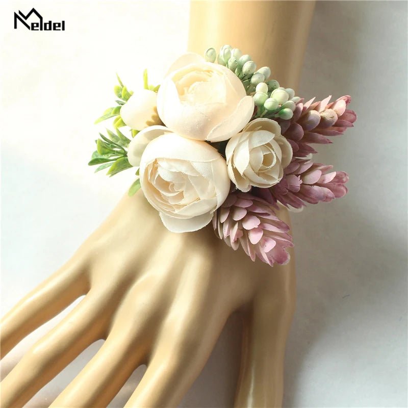 Meldel Rose Bud Wrist Corsage Hand Flower Man Boutonniere Artificial Tea Rose Silk Wrist Bracelet Bridesmaid Wedding Prom Brooch - Luzilly Bridal & Apparel