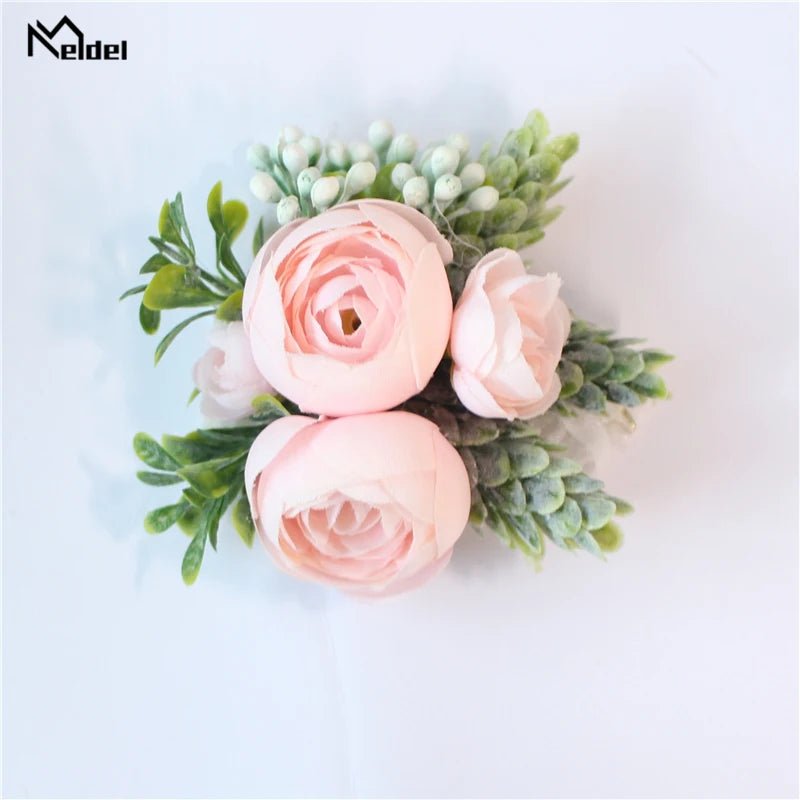 Meldel Rose Bud Wrist Corsage Hand Flower Man Boutonniere Artificial Tea Rose Silk Wrist Bracelet Bridesmaid Wedding Prom Brooch - Luzilly Bridal & Apparel
