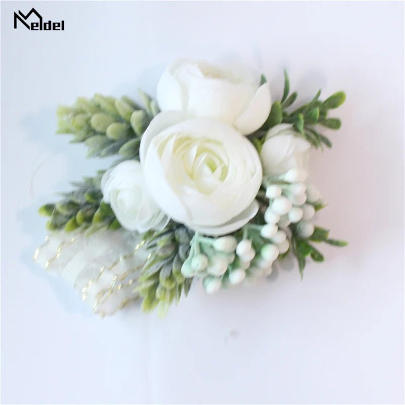 Meldel Rose Bud Wrist Corsage Hand Flower Man Boutonniere Artificial Tea Rose Silk Wrist Bracelet Bridesmaid Wedding Prom Brooch - Luzilly Bridal & Apparel