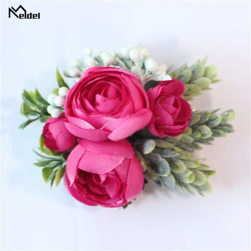 Meldel Rose Bud Wrist Corsage Hand Flower Man Boutonniere Artificial Tea Rose Silk Wrist Bracelet Bridesmaid Wedding Prom Brooch - Luzilly Bridal & Apparel