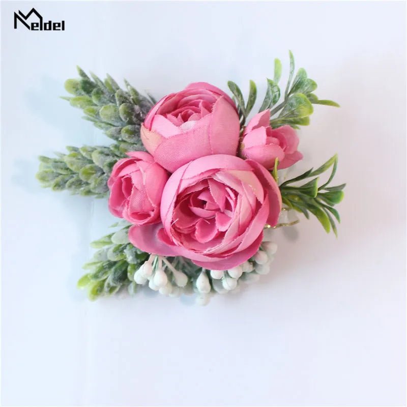 Meldel Rose Bud Wrist Corsage Hand Flower Man Boutonniere Artificial Tea Rose Silk Wrist Bracelet Bridesmaid Wedding Prom Brooch - Luzilly Bridal & Apparel