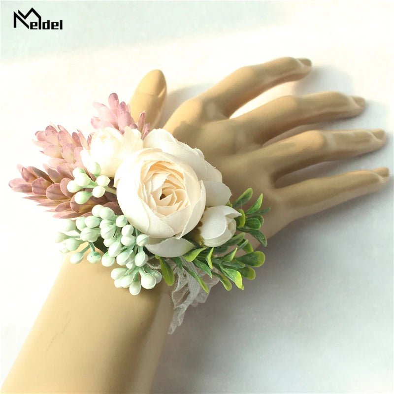 Meldel Rose Bud Wrist Corsage Hand Flower Man Boutonniere Artificial Tea Rose Silk Wrist Bracelet Bridesmaid Wedding Prom Brooch - Luzilly Bridal & Apparel