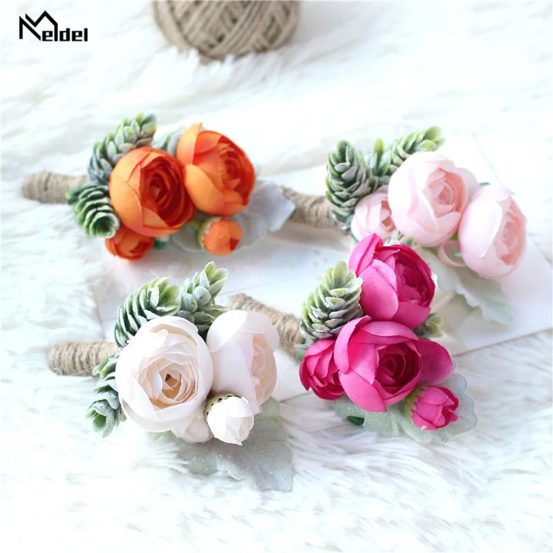 Meldel Rose Bud Wrist Corsage Hand Flower Man Boutonniere Artificial Tea Rose Silk Wrist Bracelet Bridesmaid Wedding Prom Brooch - Luzilly Bridal & Apparel