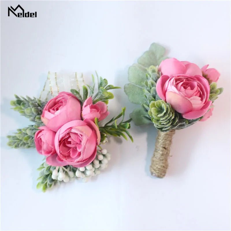 Meldel Rose Bud Wrist Corsage Hand Flower Man Boutonniere Artificial Tea Rose Silk Wrist Bracelet Bridesmaid Wedding Prom Brooch - Luzilly Bridal & Apparel