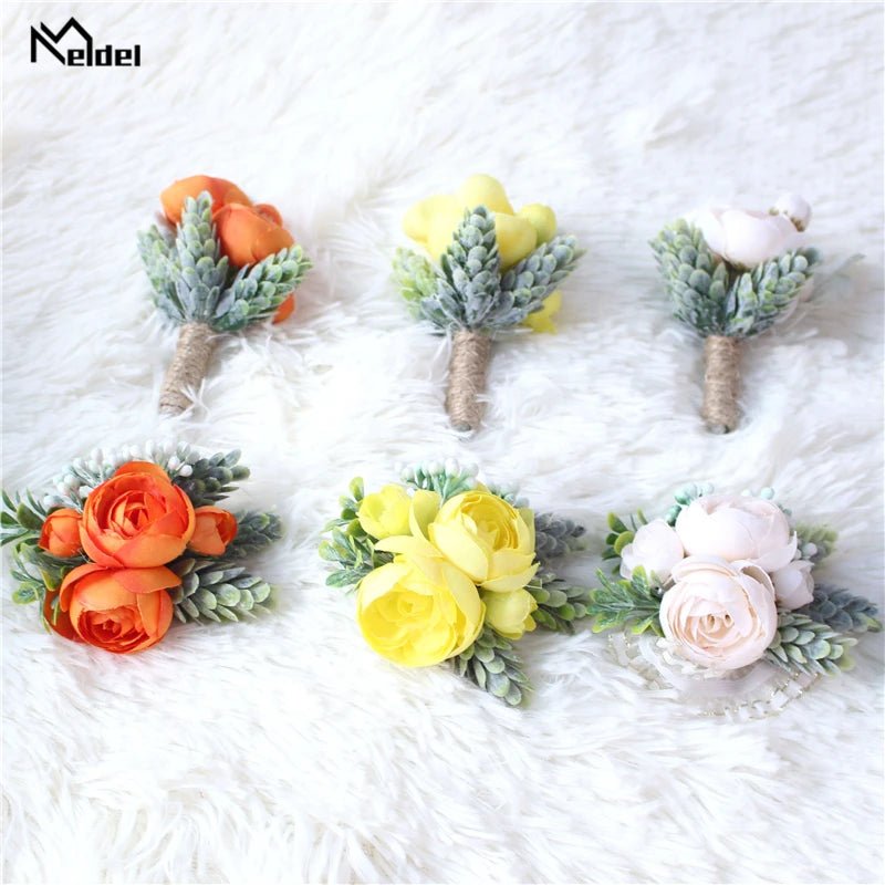 Meldel Rose Bud Wrist Corsage Hand Flower Man Boutonniere Artificial Tea Rose Silk Wrist Bracelet Bridesmaid Wedding Prom Brooch - Luzilly Bridal & Apparel