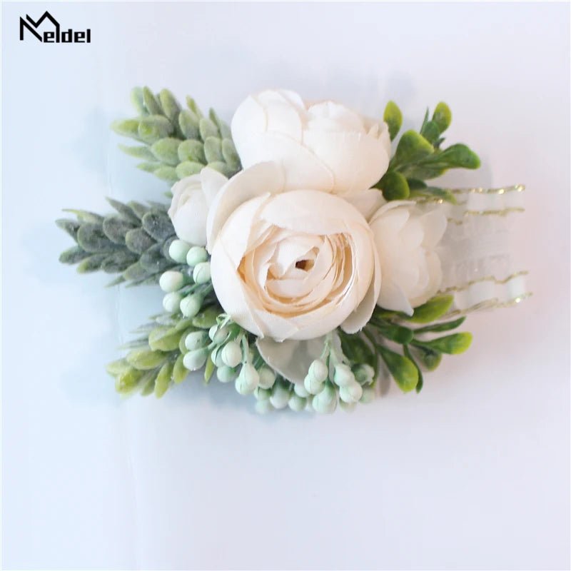 Meldel Rose Bud Wrist Corsage Hand Flower Man Boutonniere Artificial Tea Rose Silk Wrist Bracelet Bridesmaid Wedding Prom Brooch - Luzilly Bridal & Apparel